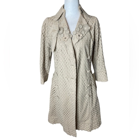 Bryan Lars Lace Embroidered Paris Trench Coat Floral Buttons Eyelet overlay Sz 2 - Picture 2 of 15